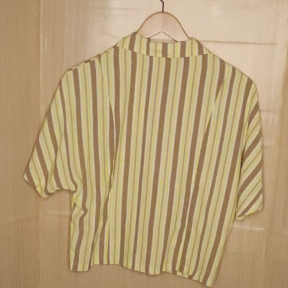 MNG Yellow Tan Striped Cropped Silky Flowy Button Down 6 - Picture 2 of 6
